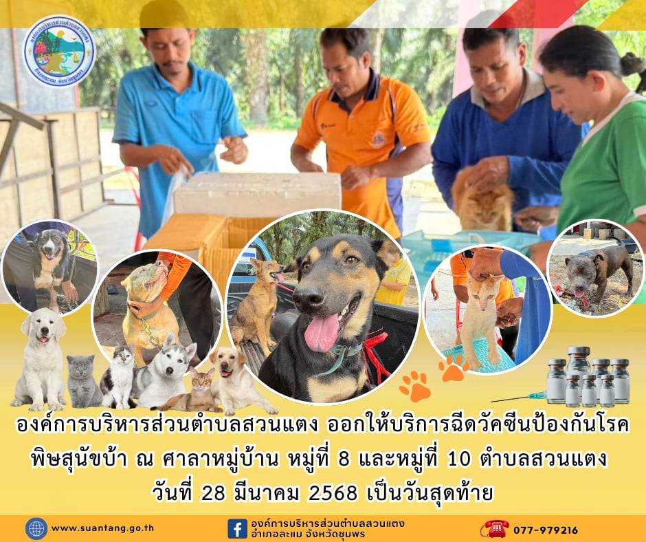 องค์การบริหารส่วนตำบลสวนแตง ออกให้บริการฉีดวัคซีนป้องกันโรคพิษสุนัขบ้า ณ ศาลาหมู่บ้าน หมู่ที่ 8 บ้านควนผาสุก และหมู่ที่ 10 บ้านเขาตากุน ตำบลสวนแตง อำเภอละแม จังหวัดชุมพร