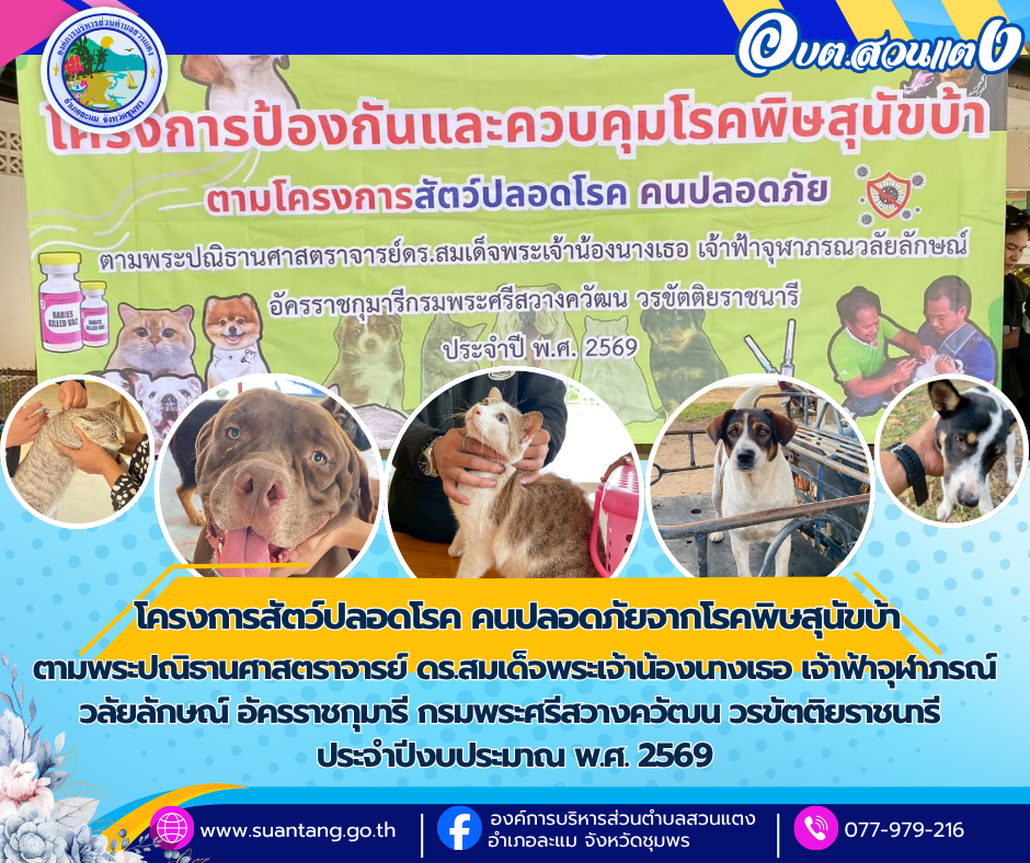 โครงการสัตว์ปลอดโรค คนปลอดภัยจากโรคพิษสุนัขบ้า ตามพระปณิธานศาสตราจารย์ ดร.สมเด็จพระเจ้าน้องนางเธอ เจ้าฟ้าจุฬาภรณ์วลัยลักษณ์ อัครราชกุมารี กรมพระศรีสวางควัฒน วรขัตติยราชนารี
ประจำปีงบประมาณ พ.ศ. 2569