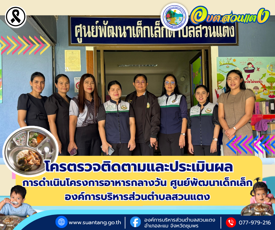 ตรวจติดตามและประเมินผลการดำเนินโครงการอาหารกลางวัน ศูนย์พัฒนาเด็กเล็กองค์การบริหารส่วนตำบลสวนแตง